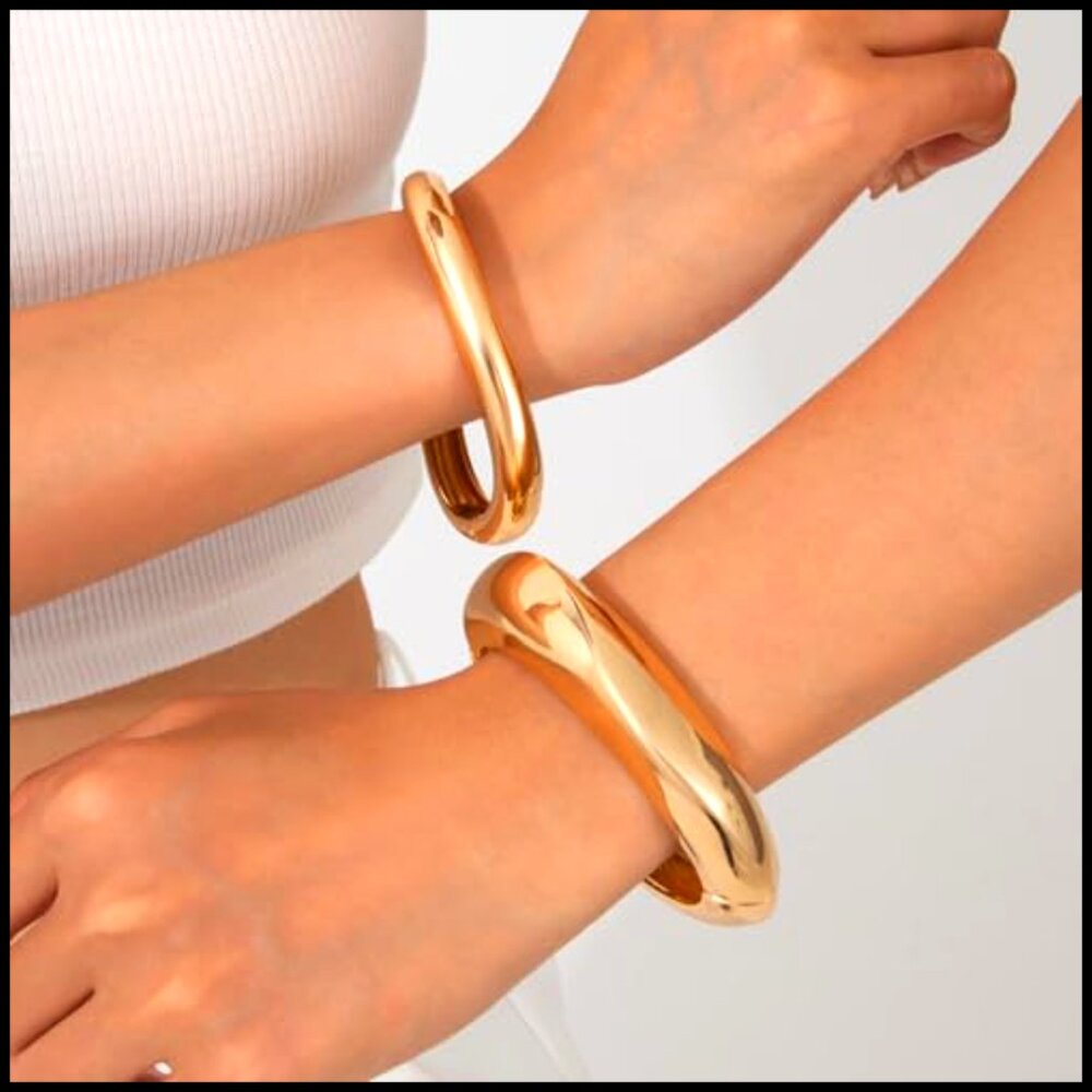 Chunky Gold Bangle Bracelets Stackable Adjustable… - image 3